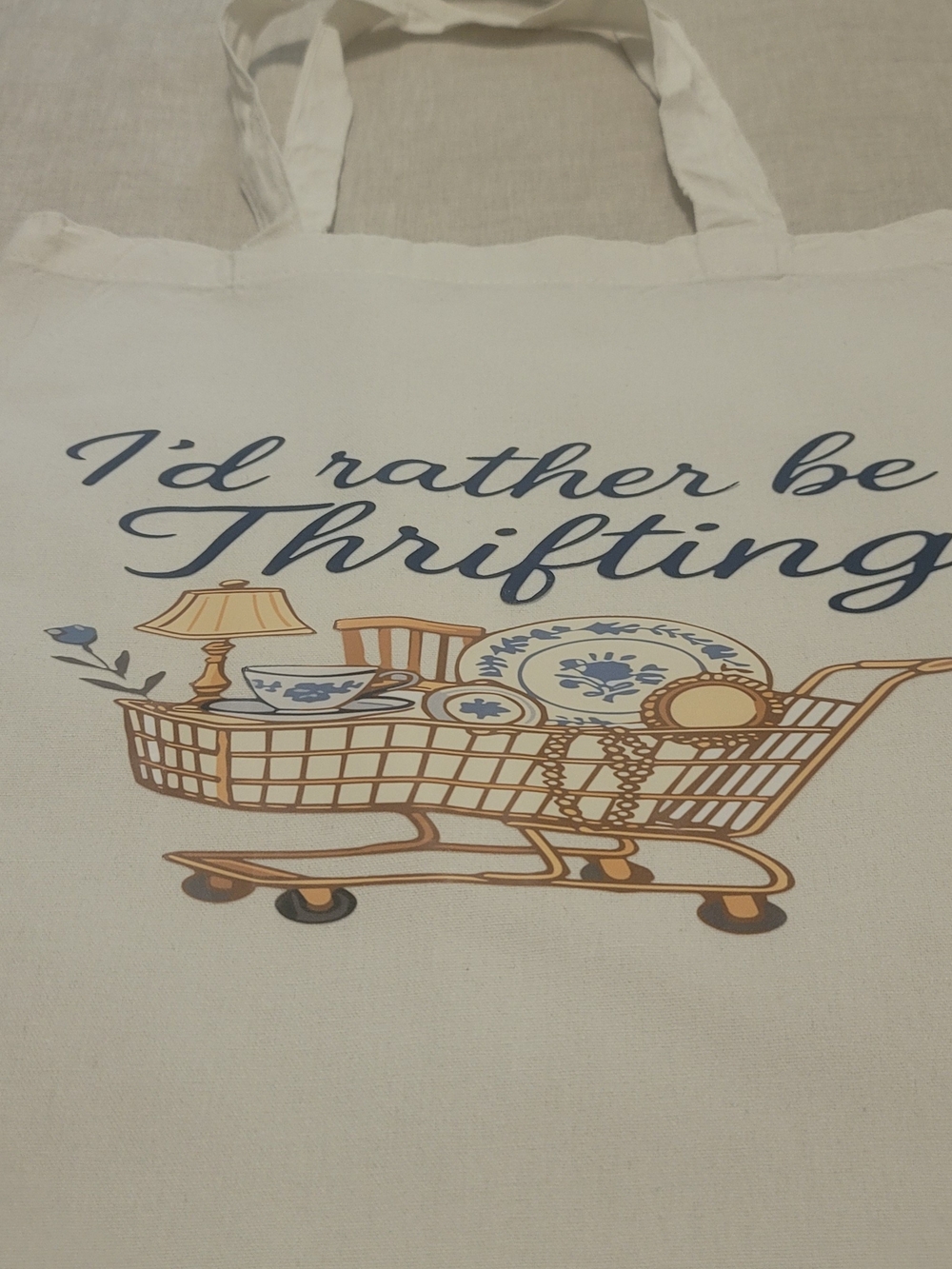 Canvas Tote Bag in Cream with Blue Print - 'I'd Rather Be Thrifting' New